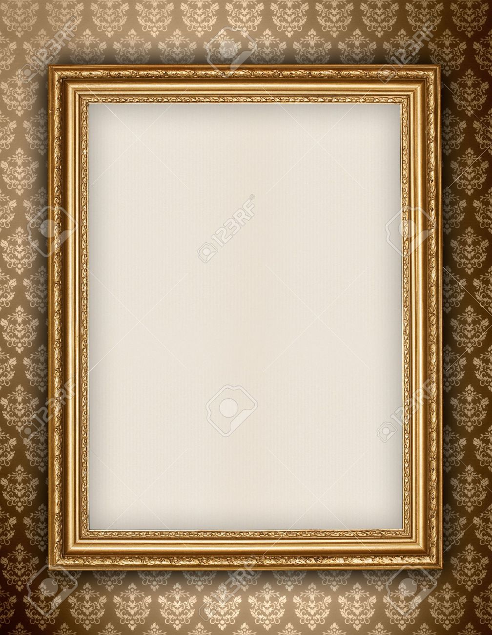 Golden Frame On Wallpaper Background Stock Photo Picture And