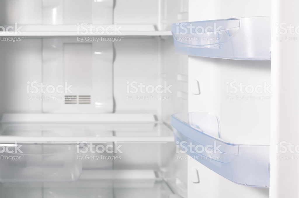 Empty Open Fridge With Shelves White Refrigerator Background Stock