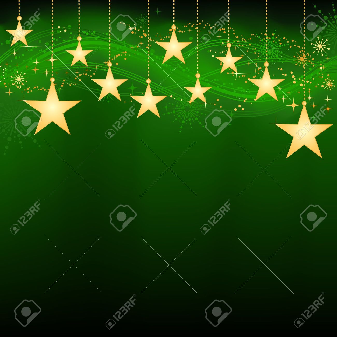 Festive Dark Green Christmas Background With Golden Stars Snow
