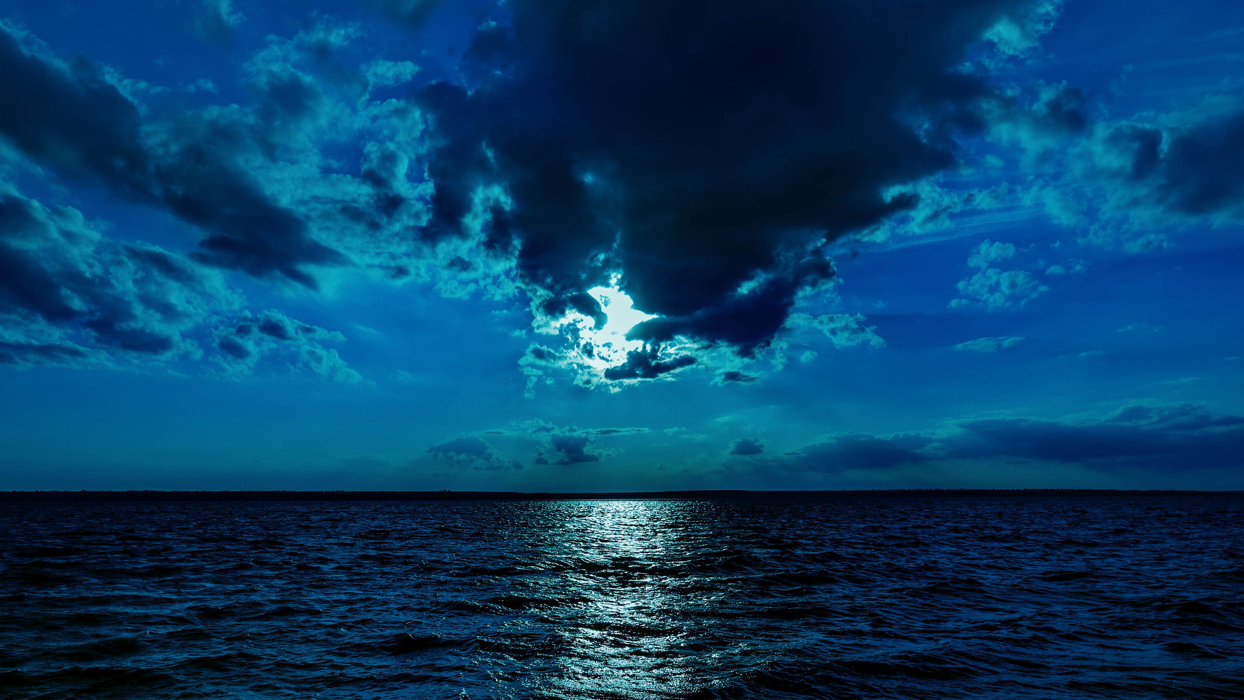 Night Moon Sea Sky Blue 4k Wallpaper HD Nature