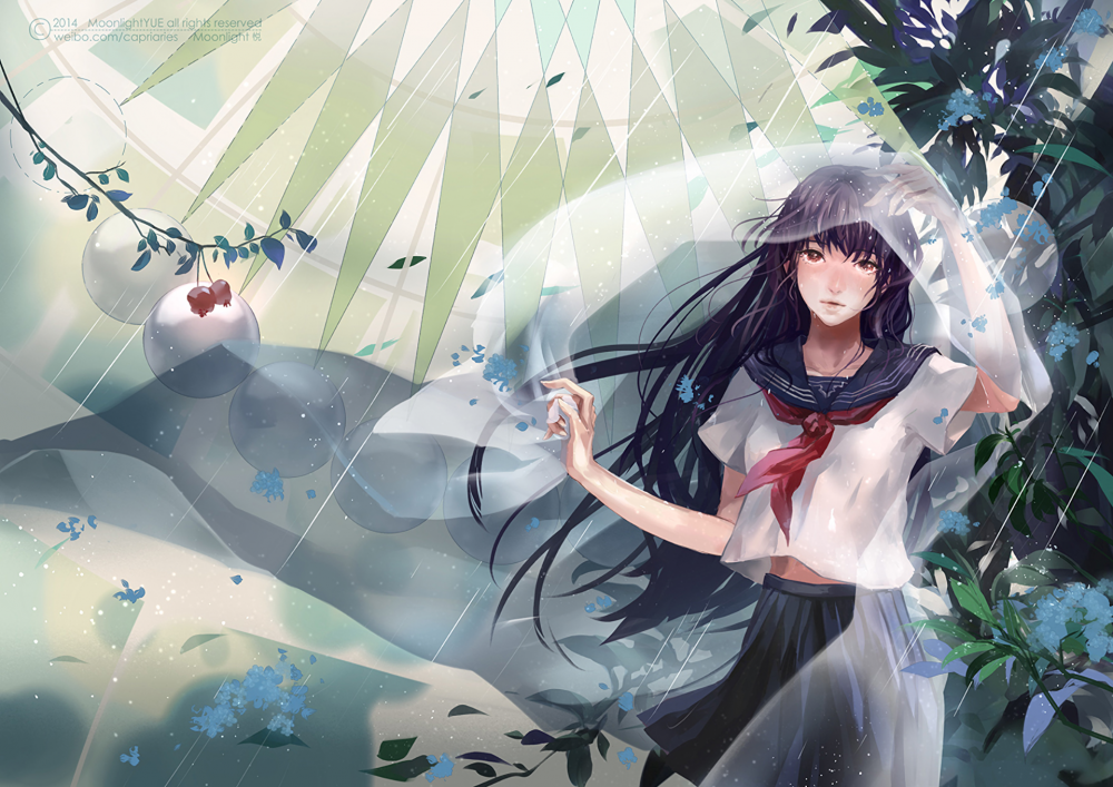 Wallpaper Anime Girl Rain School Uniform