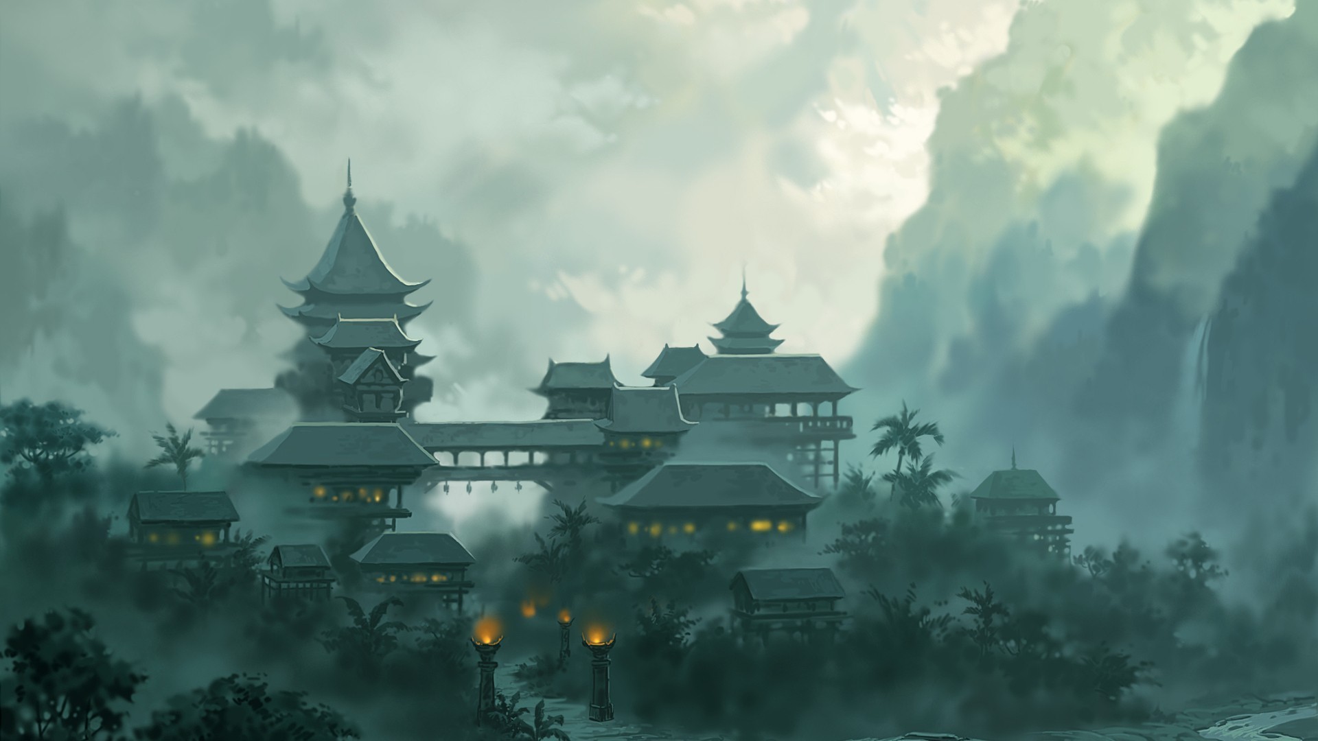 Buildings Landscapes Mountains Jungle Clouds Fog Wallpaper Background