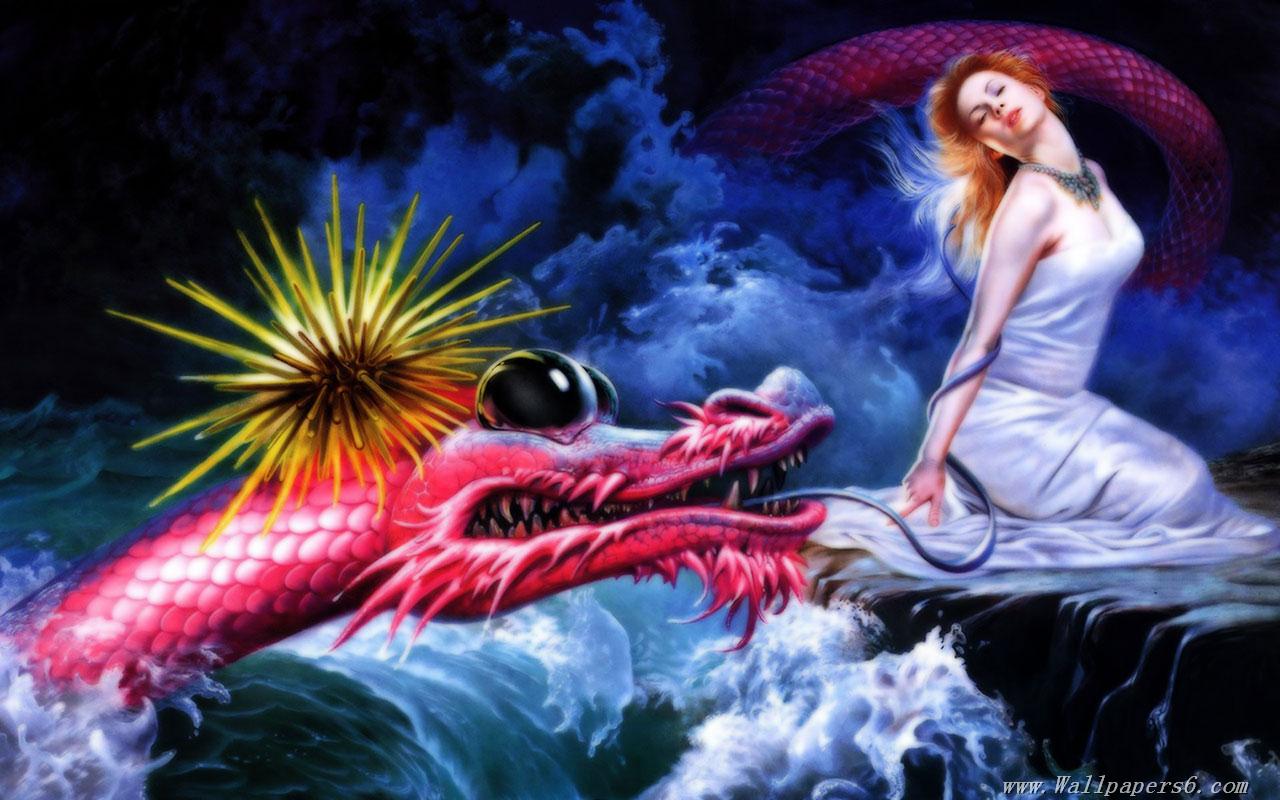 Dragon And Beauty Fantasy Wallpaper