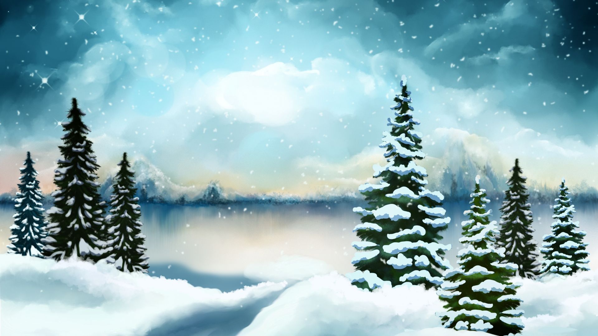 Winter Pine Trees Lake Digital Art Wallpaper HD Image Picture