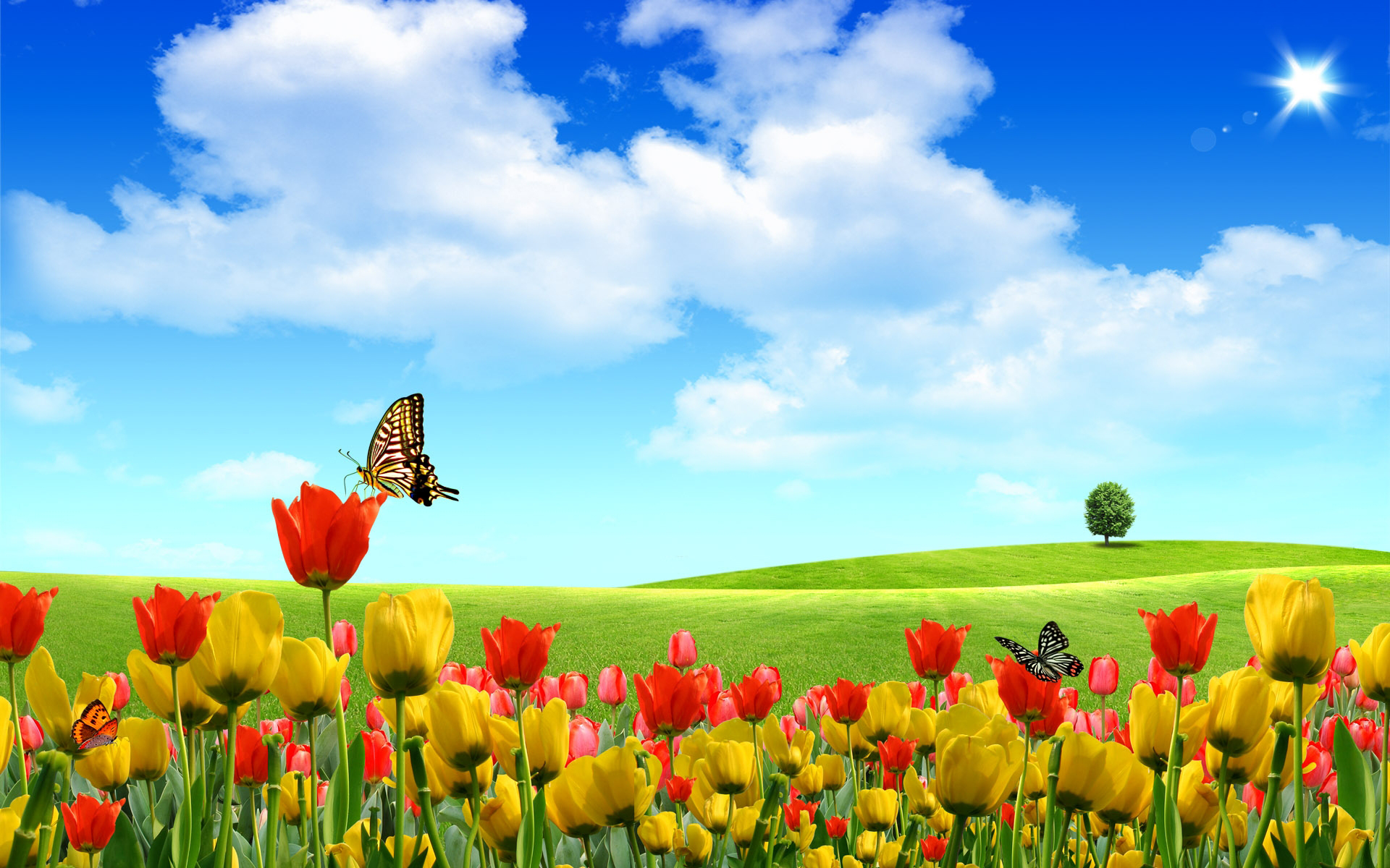 A picturesque landscape with a field of colorful tulips, butterflies fluttering around, and a lone tree under a bright blue sky