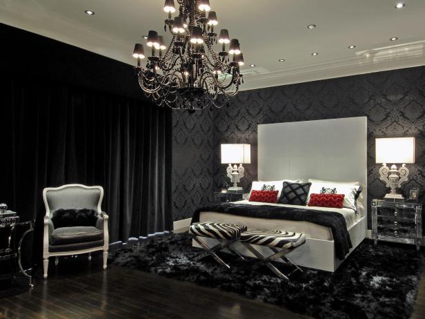 Master Bedroom With Black Chandelier Gray Bed And Wallpaper