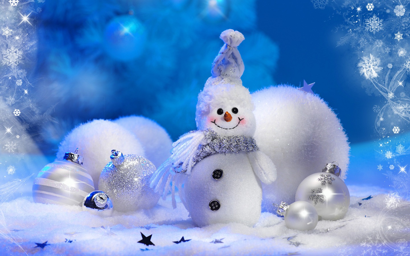 Blue White Christmas Desktop Wallpaper Snowman And Balls