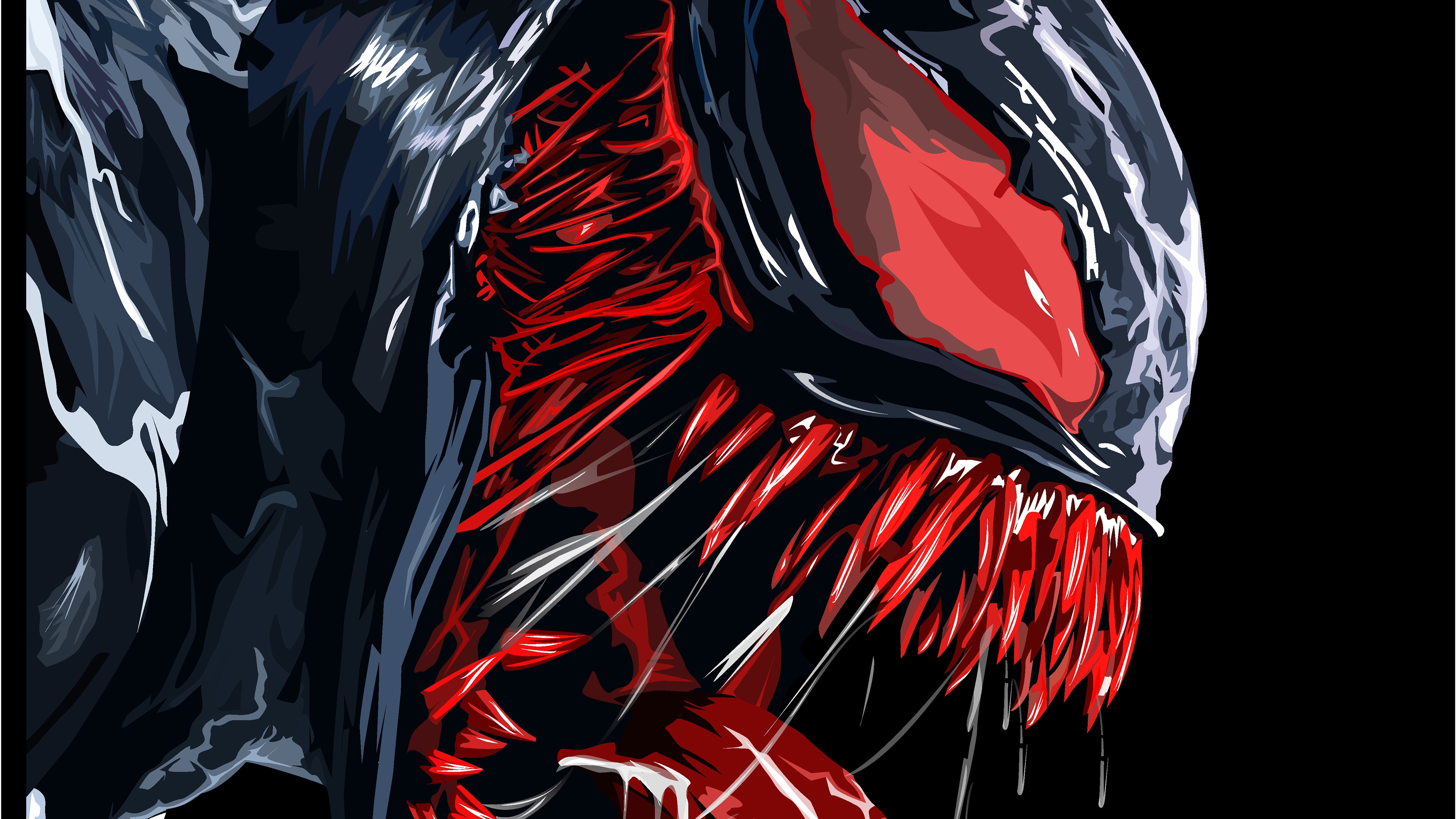 Close-up illustration of Venom's head, showcasing sharp teeth and a menacing red tongue against a black backdrop