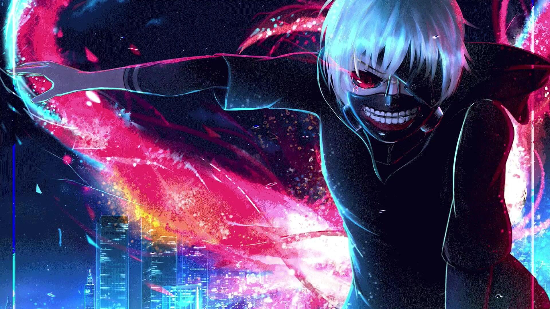 A dynamic live wallpaper featuring an anime character with glowing red eyes and a sinister smile, leaping across a vibrant cityscape backdrop