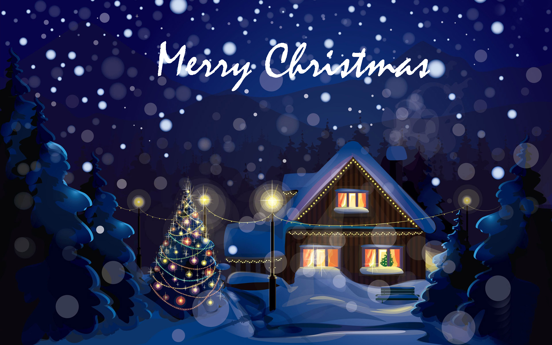 A cozy cabin decorated with Christmas lights sits amidst a snowy landscape under a dark, starry night. A Christmas tree adorned with colorful ornaments stands nearby, adding to the festive atmosphere