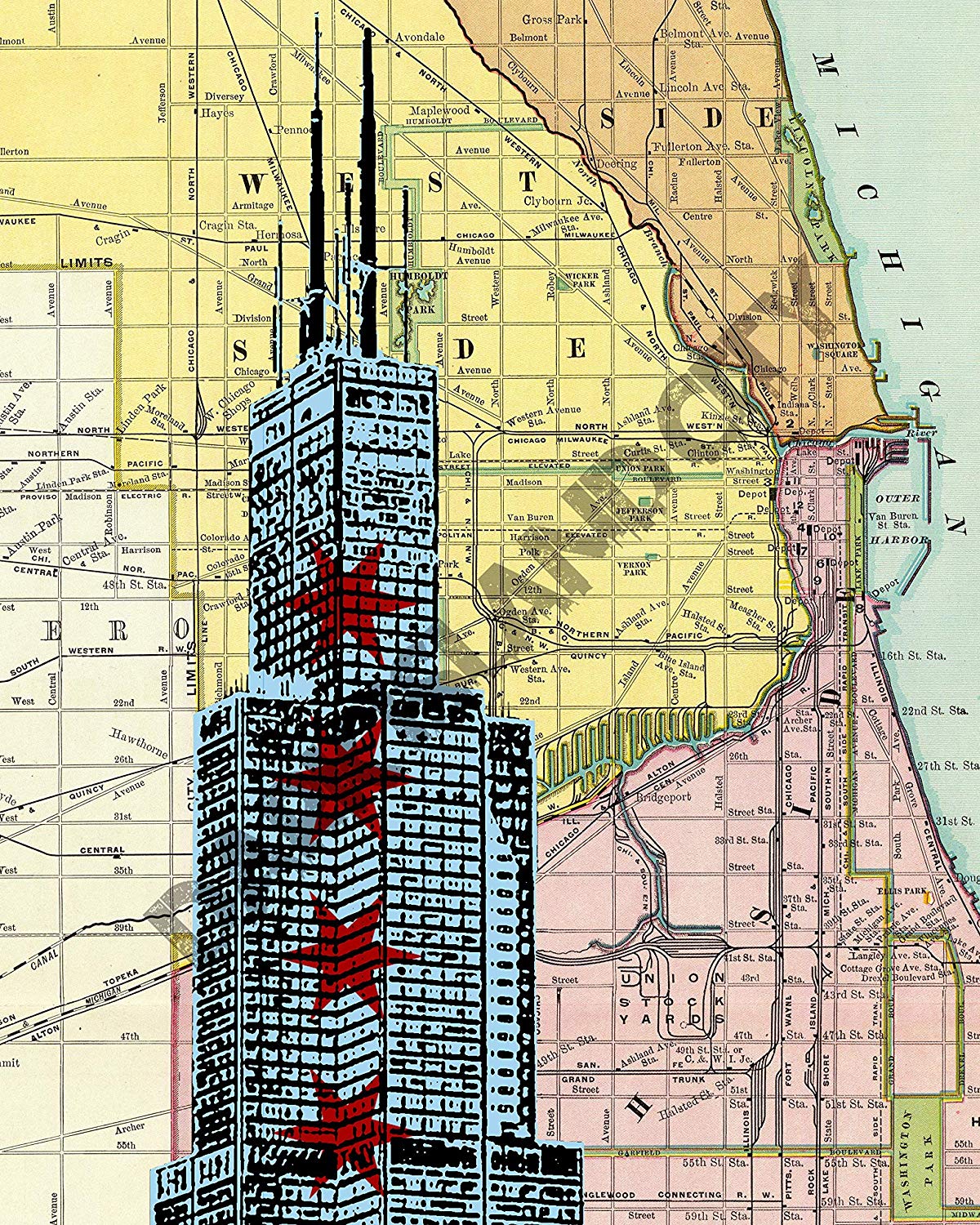 Amazoncom Chicago Willis Tower Sears Tower Street Map Background