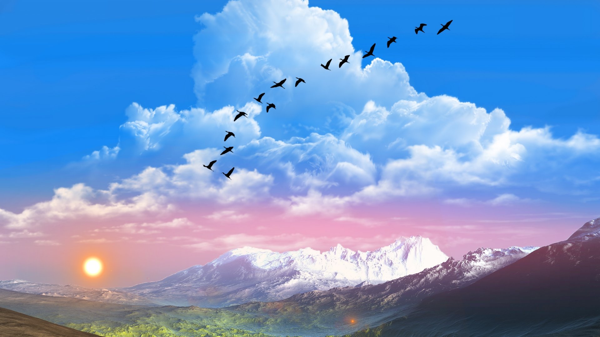 Wallpapers sun raise nature landscape clouds birds Montains