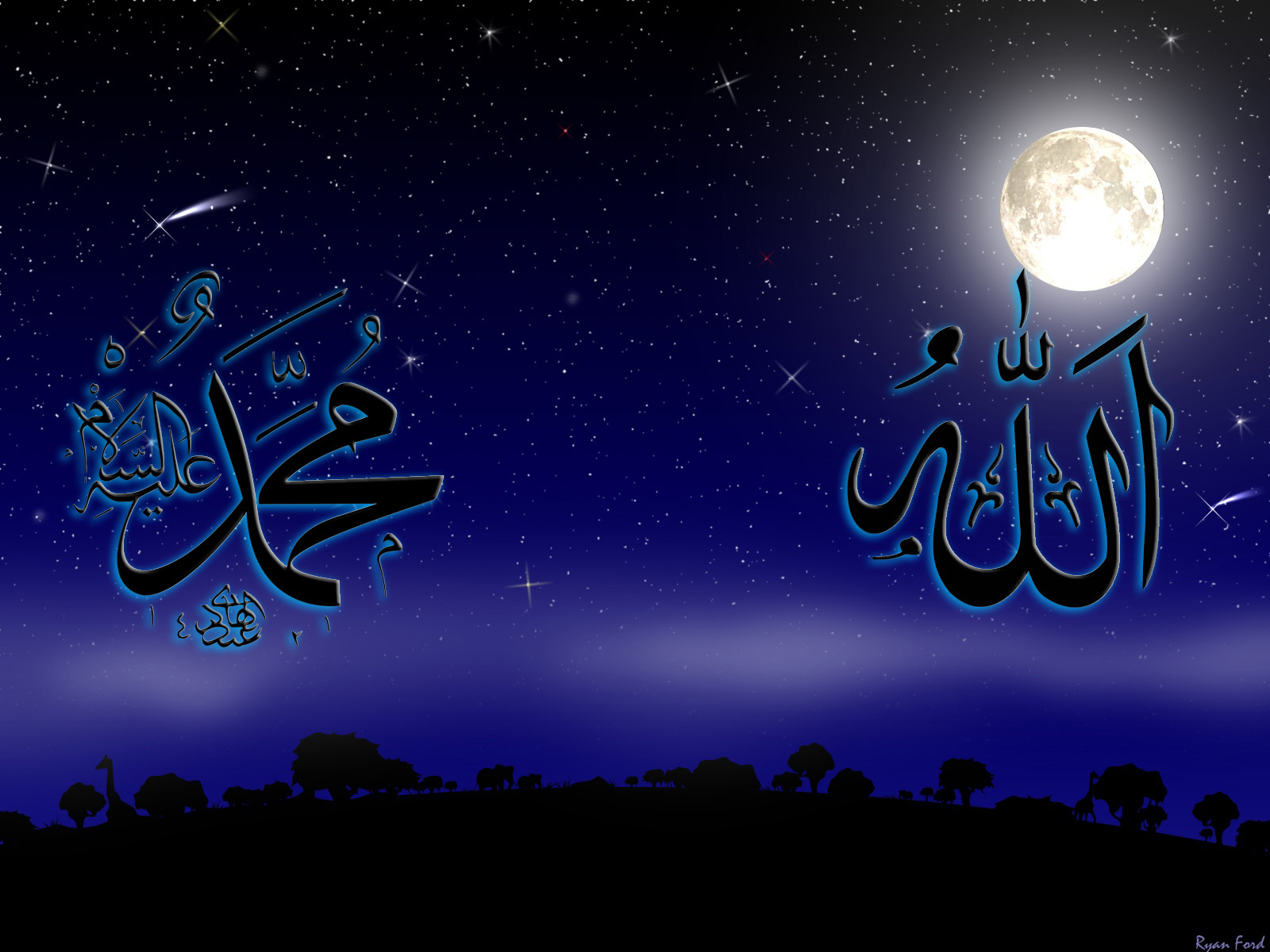 Name Of Allah And Muhammad Saw With Moon Islamic Wallpaper