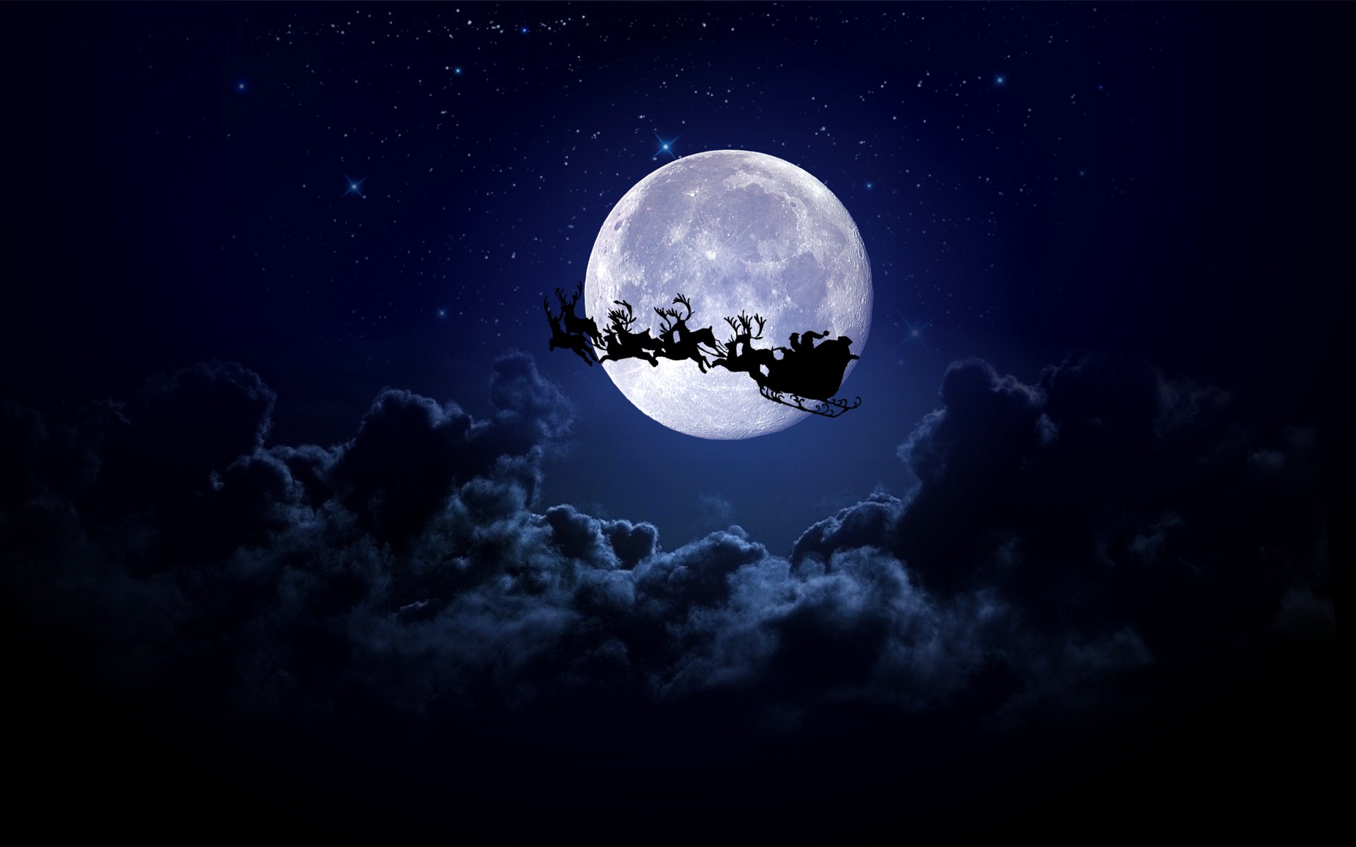 Santa Claus flying his sleigh against a bright full moon on a starry Christmas Eve night