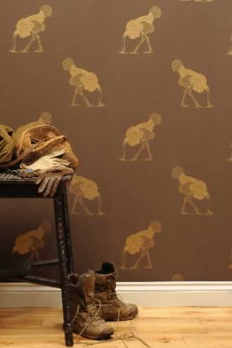 Beware the Moon   Ostrich Wallpaper   Large Gold Leaf On Brownstone
