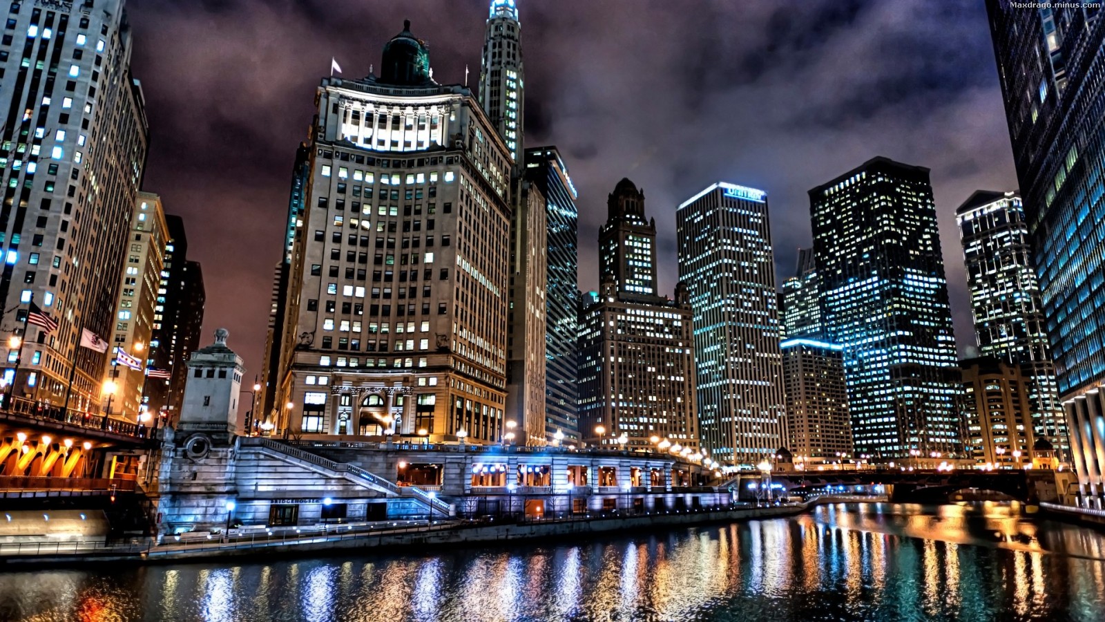 Chicago Skyline And River At Night Widescreen Full HD Wallpaper