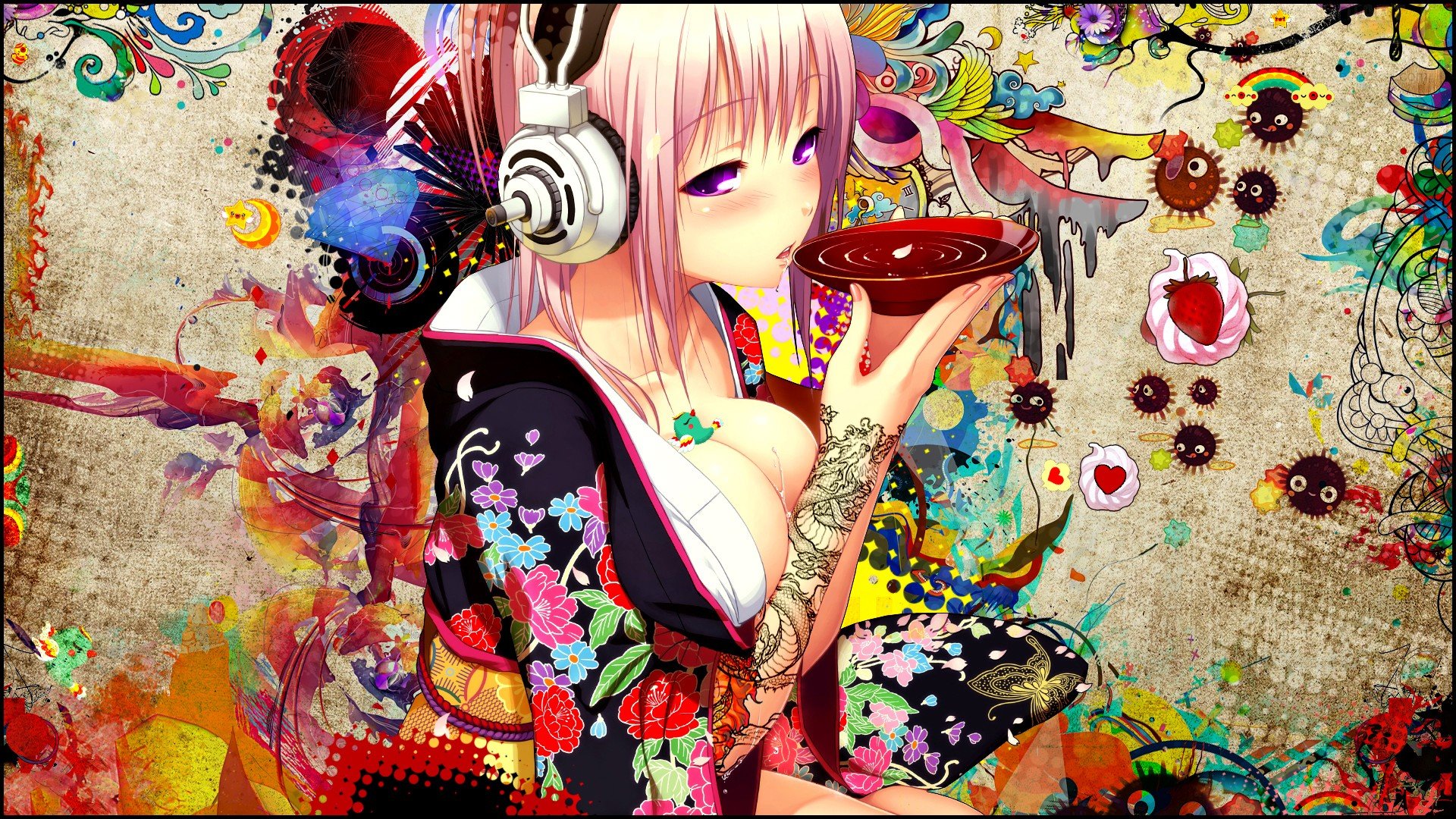 Short Hair Holding Boobs Anime Girls Headphones HD Wallpaper