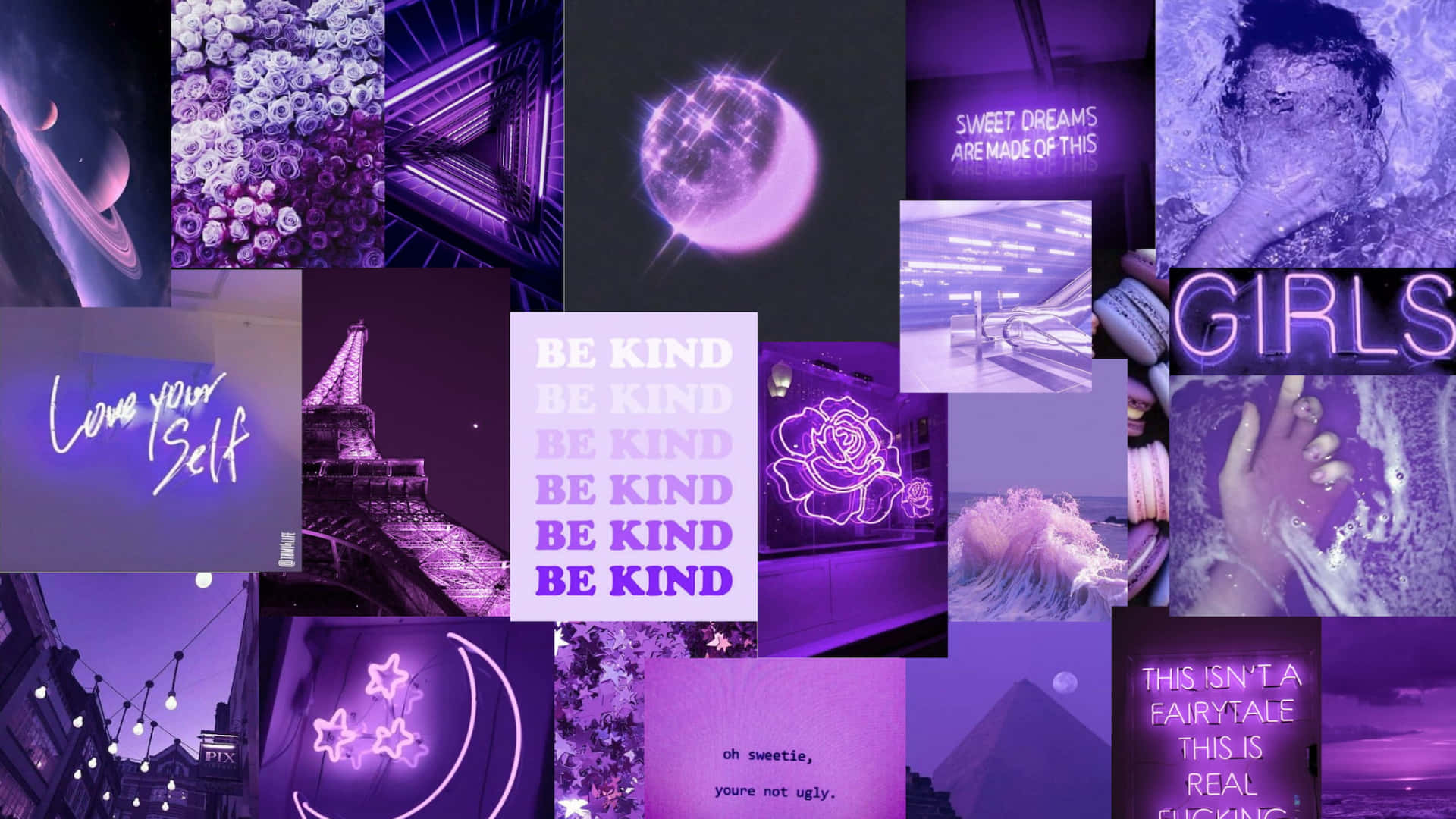 A Collage Of Purple Picture With The Words Be Kind Wallpaper