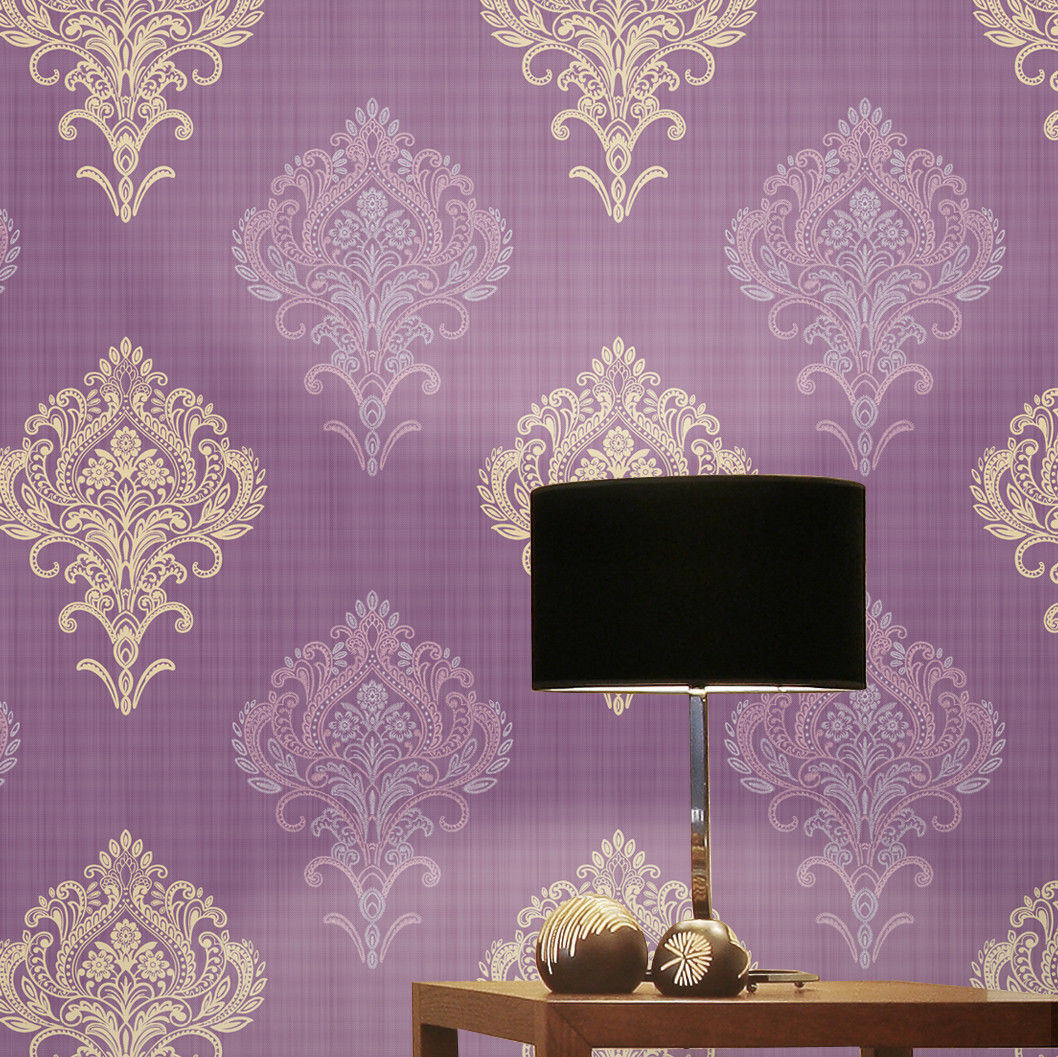 Roll Luxury Gorgeous Beige Damask Stitchwork Textured Purple Wallpaper