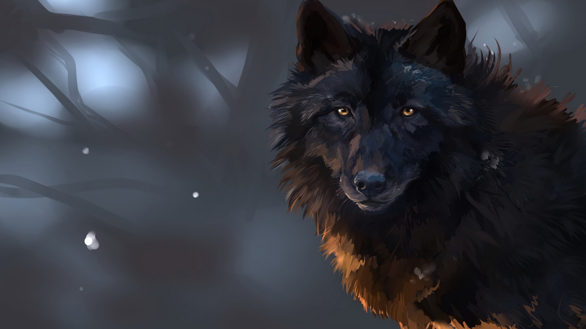 A majestic black wolf with piercing golden eyes, partially obscured by softly falling snow against a dusky backdrop of blurred trees