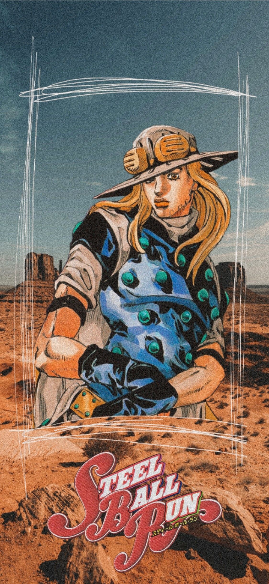 A stylish wallpaper featuring Gyro Zeppeli from JoJo's Bizarre Adventure: Steel Ball Run, set against a desert backdrop