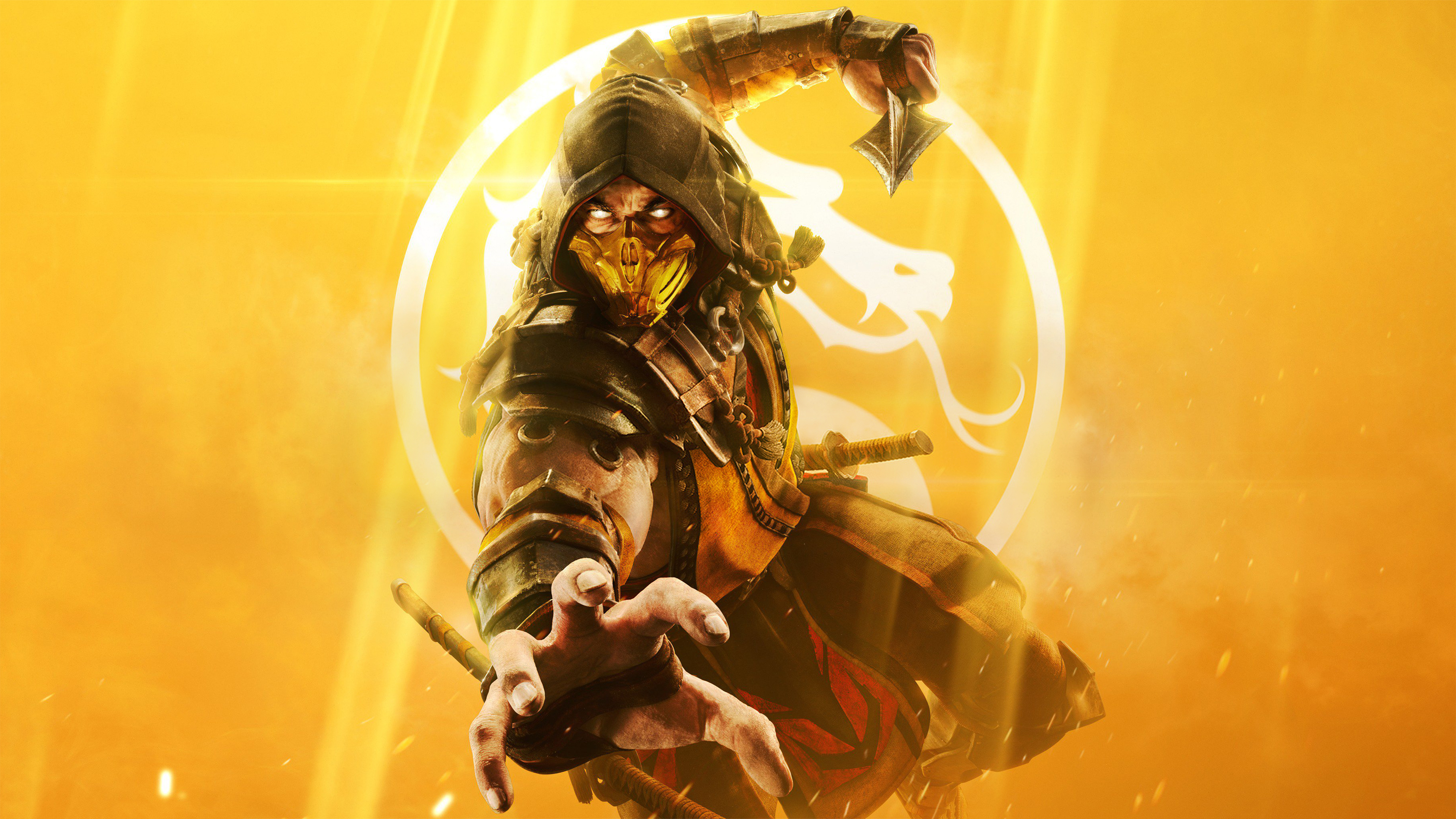 Scorpion from Mortal Kombat in a dynamic pose against a vibrant yellow backdrop