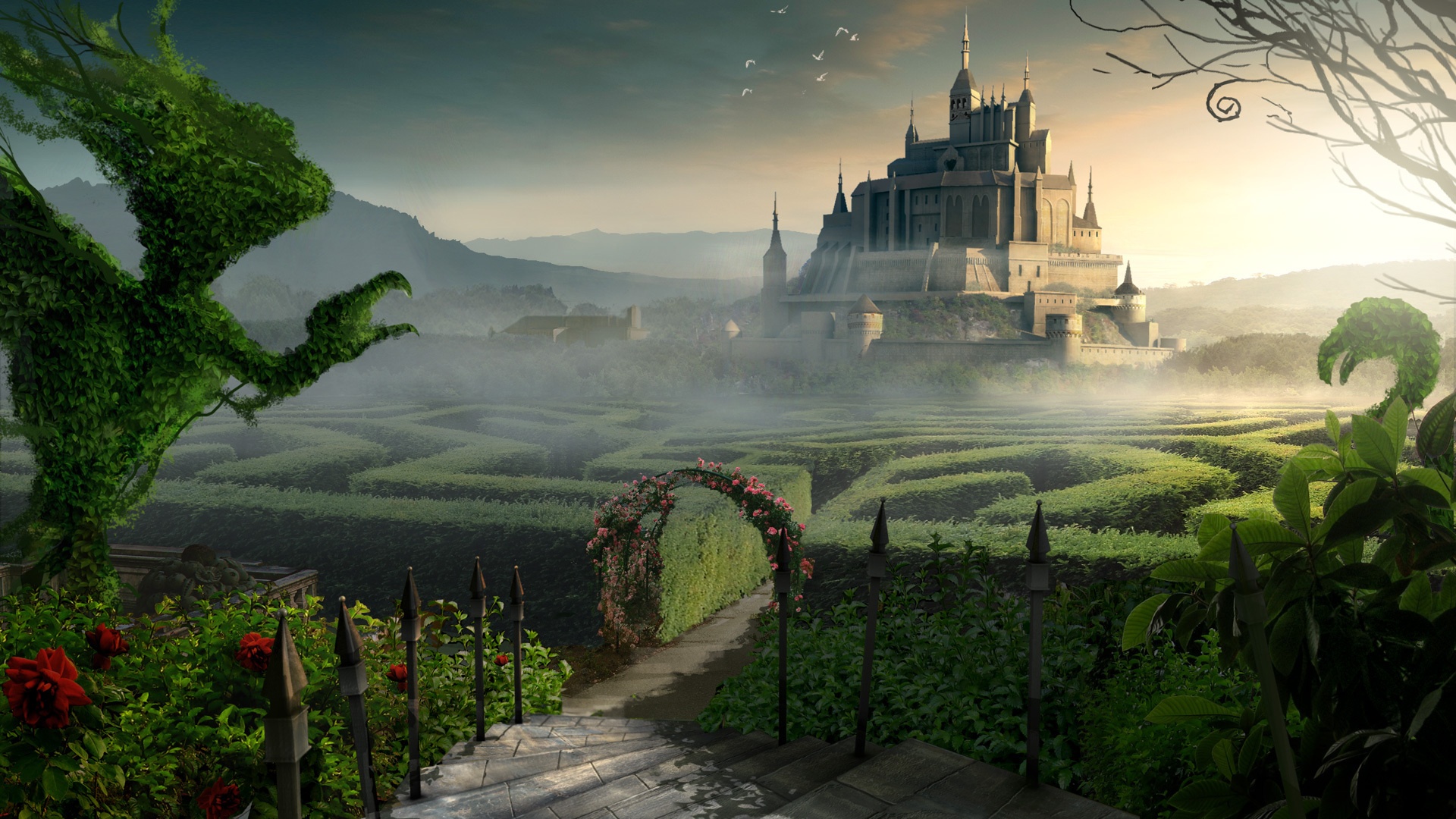 Castle Beyond The Labyrinth Garden Wallpaper Full HD