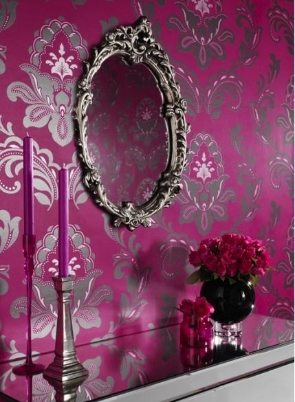 Hot Pink With Black Silver Glitter Damask Wallpaper Arthouse 10m