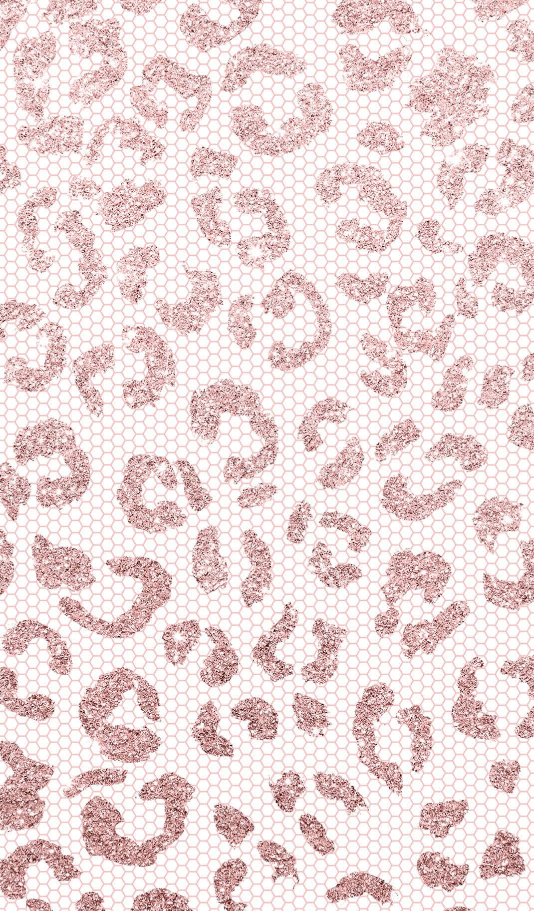 Rose gold glitter leopard print on a white hexagonal mesh pattern background. Glamorous and trendy wallpaper design