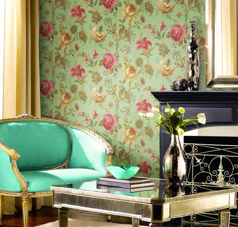 Flower Wallpaper And Green Sofa For Bedroom Purple