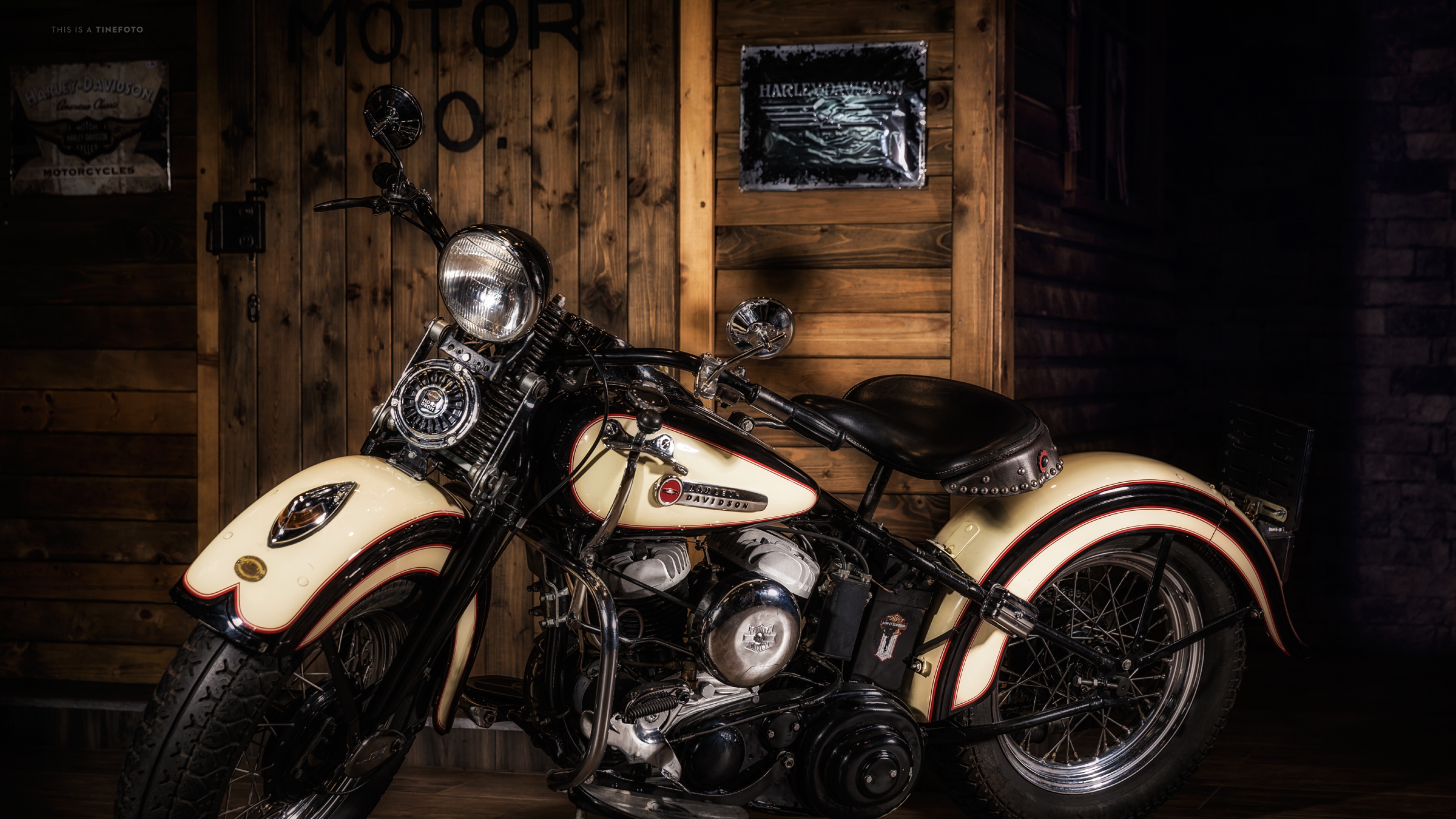 A Classic Harley-Davidson Motorcycle in a Rustic Garage Setting