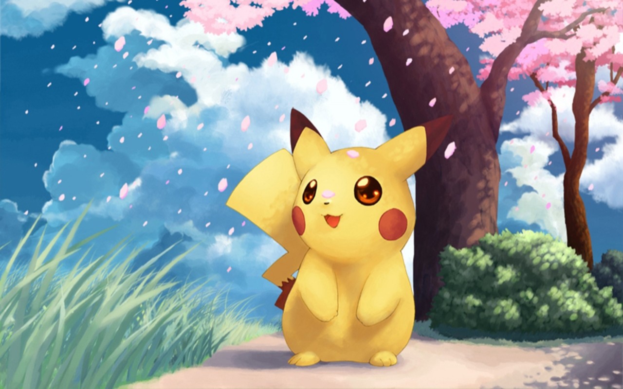 A cute, stylized Pikachu stands beneath falling cherry blossom petals in a serene, pastel-colored landscape. This charming Pokémon wallpaper is perfect for pixel art and anime fans
