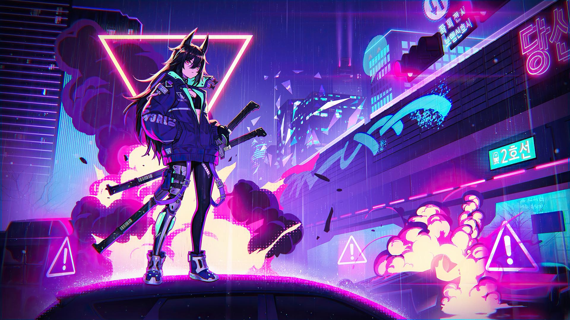 Cyberpunk Anime Girl Katana Sci Fi 4K Wallpaper