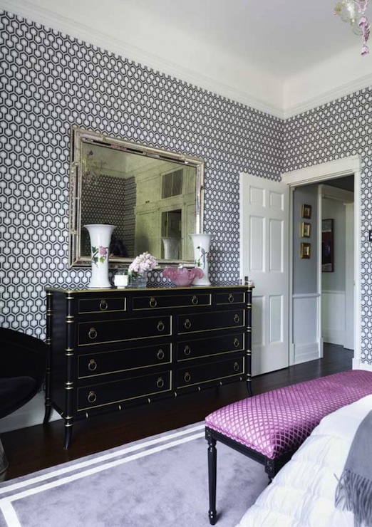 Bedroom With Geometric Black And White David Hicks Hexagon Wallpaper