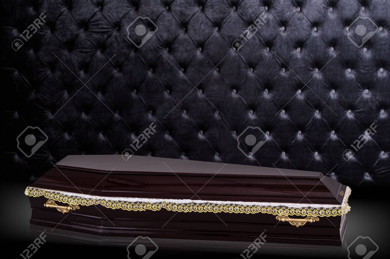 Closed Wooden Brown Coffin Isolated On Gray Luxury Background