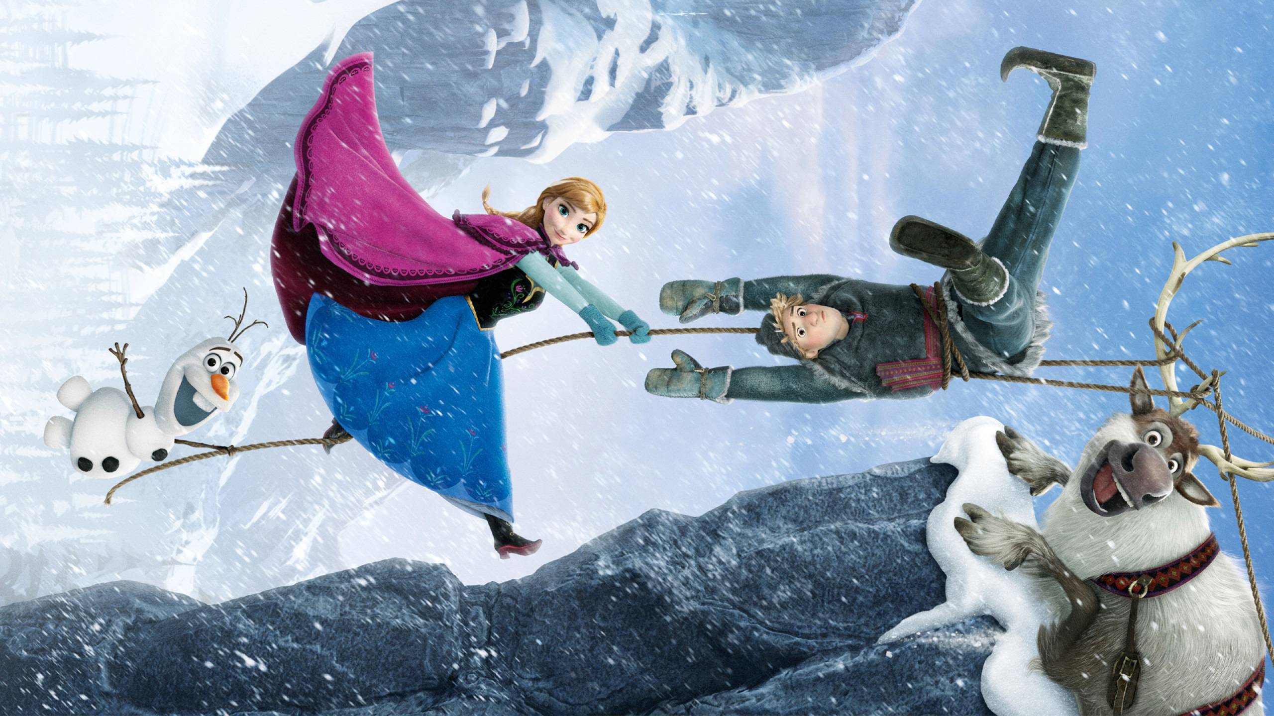 Anna, Kristoff, Olaf, and Sven hanging from a rope in a snowy mountain scene from Disney's Frozen