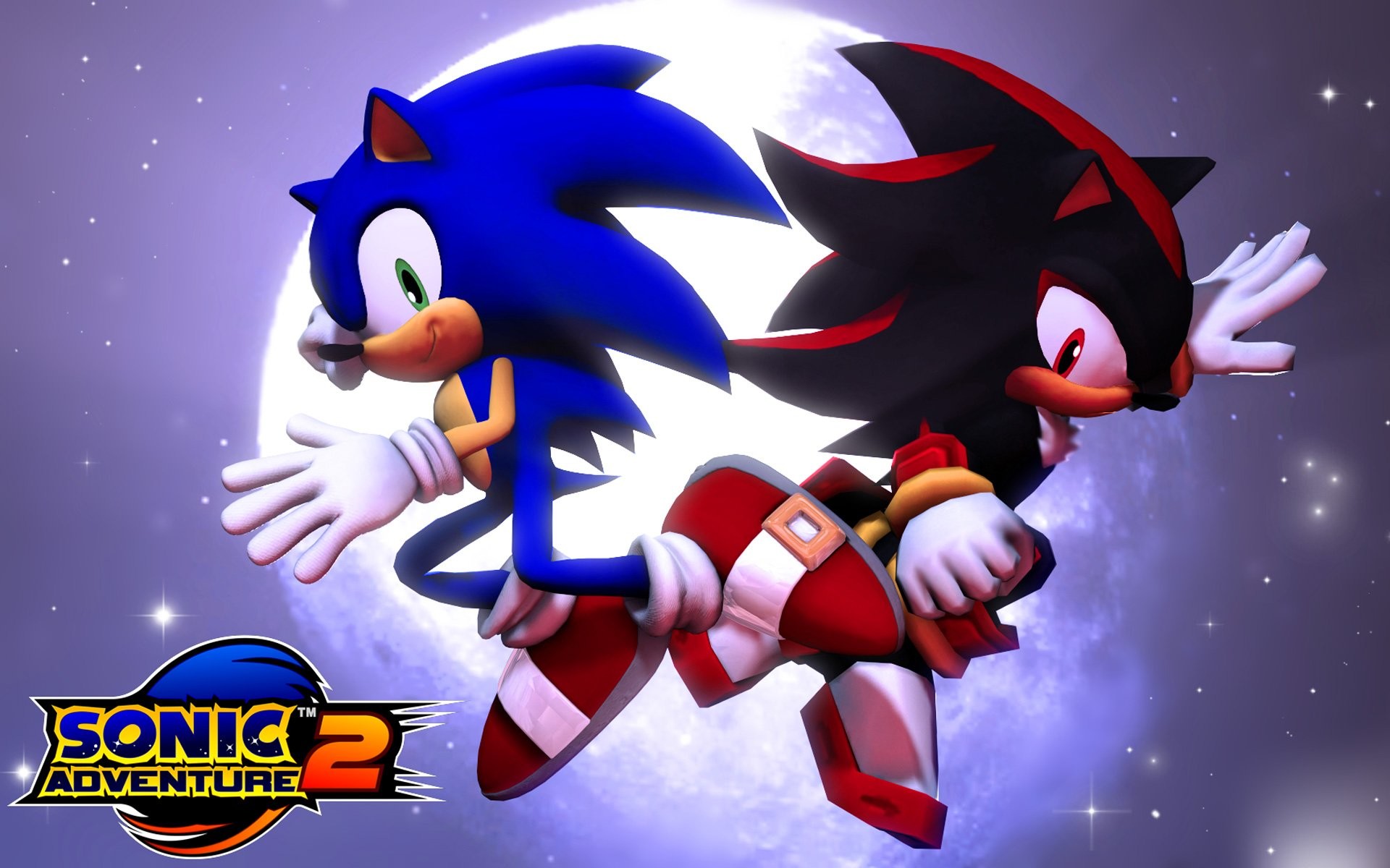 Sonic and Shadow soaring through the night sky under a full moon in Sonic Adventure 2
