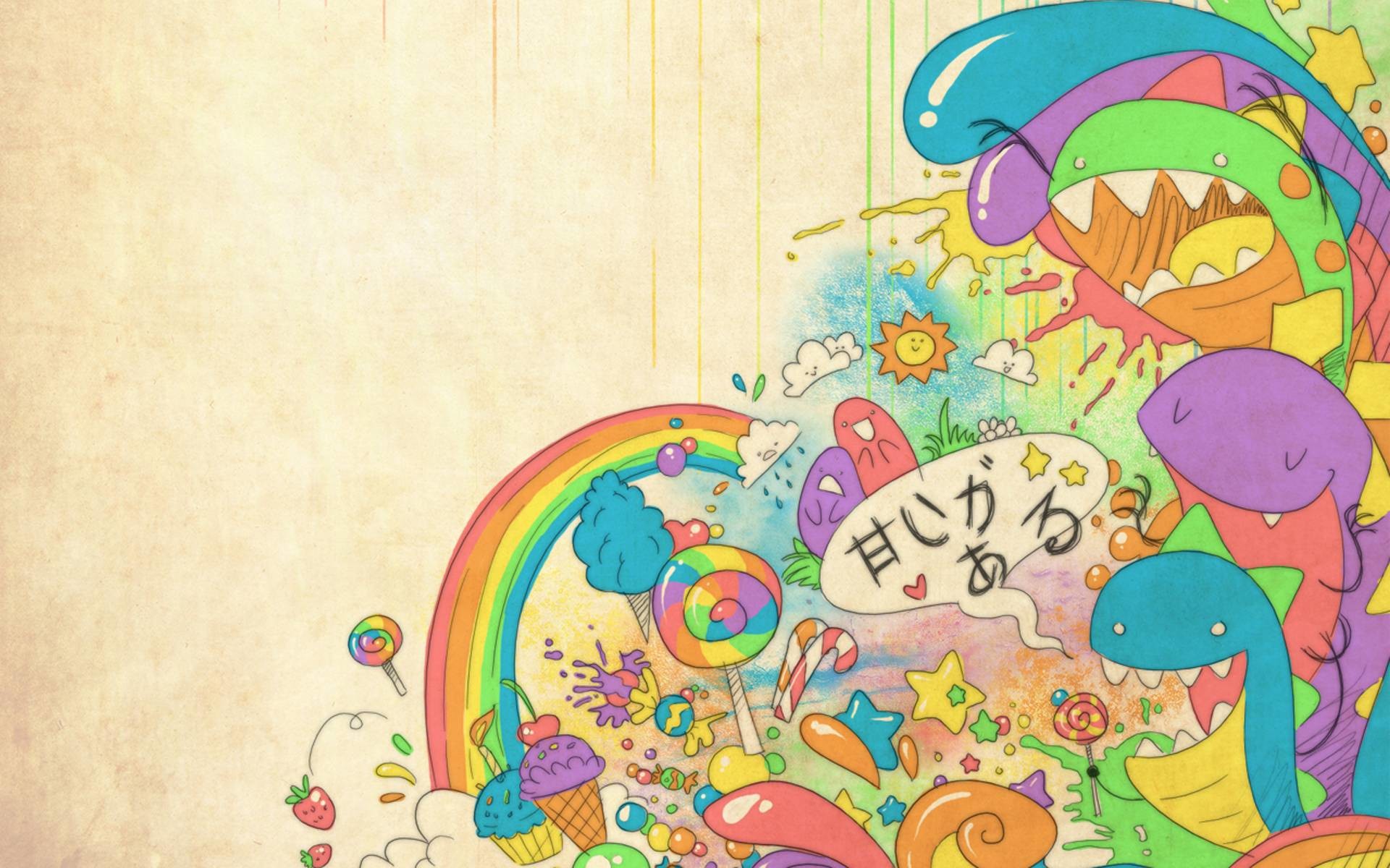 Whimsical and cute Japanese-style wallpaper with colorful monsters, candy, and a rainbow on a textured background