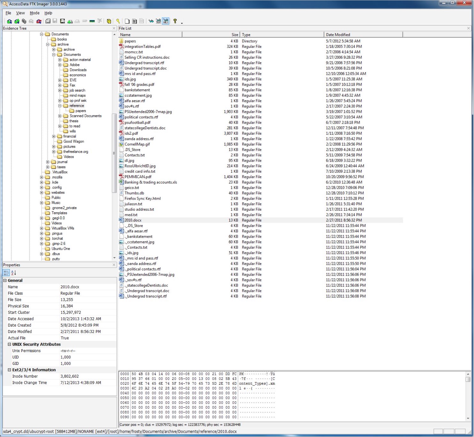 Screenshot of AccessData FTK Imager displaying file metadata