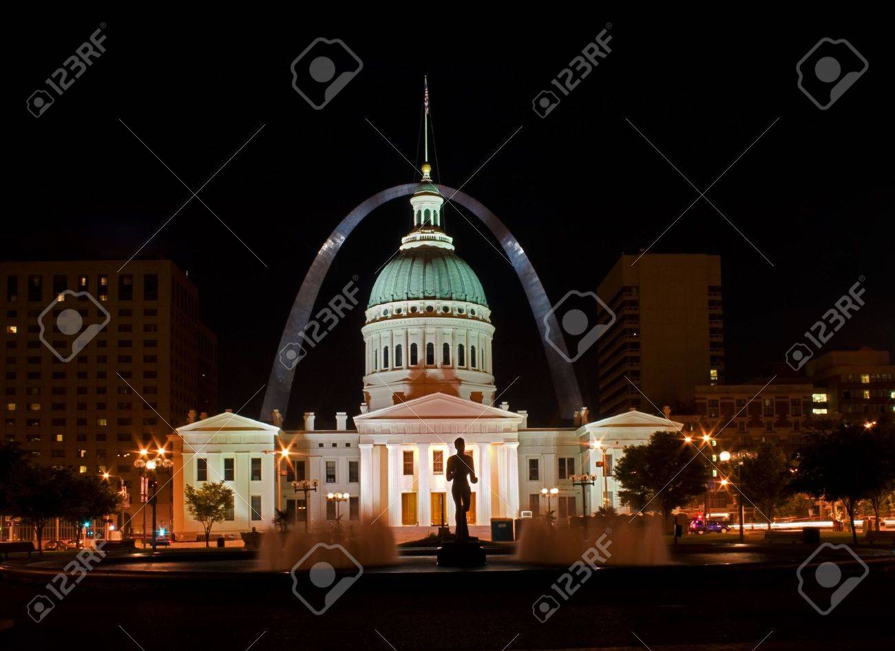 St Louis Old Court House At Night With Arch In The Background