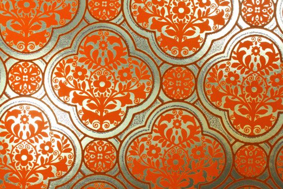 Vintage Wallpaper Gold Foil background with orange flocked geometric