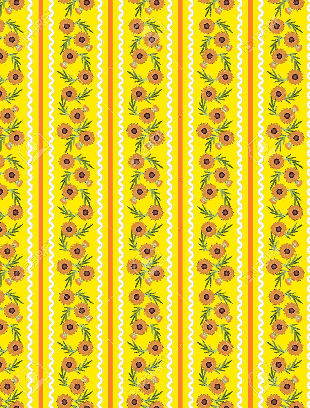Yellow Striped Wallpaper Pattern With Orange Flowers Ric Rac