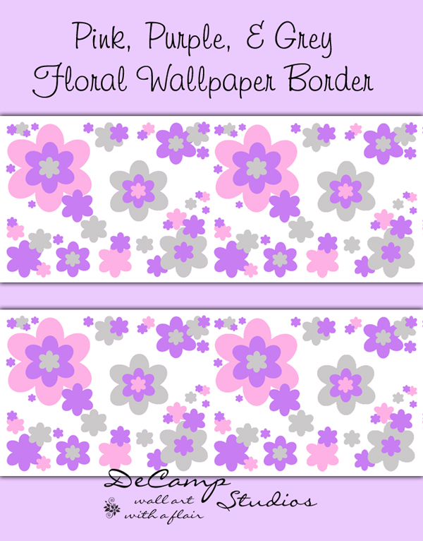 Pink Purple Grey Floral Wallpaper Border Girls Flower Room Decor [496