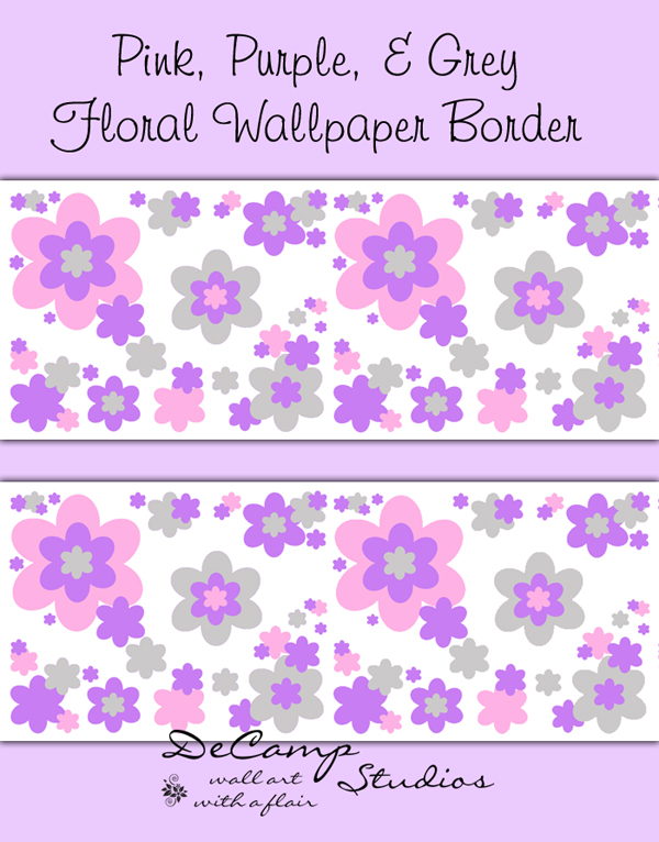 Pink Purple Grey Floral Wallpaper Border Girls Flower Room Decor