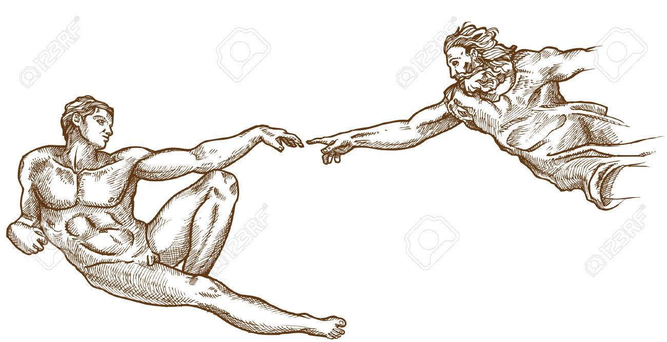 Creation Of Adam Hand Drawn On White Background Royalty