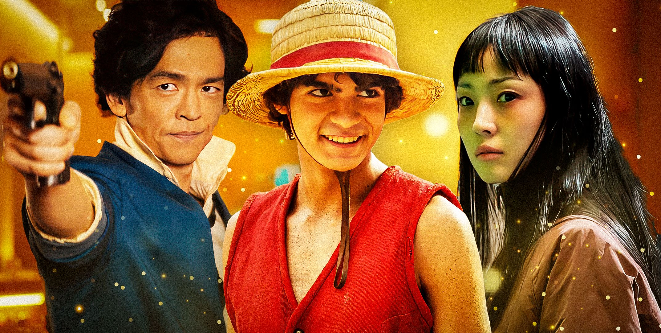 Promotional image for the live-action One Piece series, featuring Iñaki Godoy as Monkey D. Luffy, Mackenyu as Roronoa Zoro, and Emily Rudd as Nami