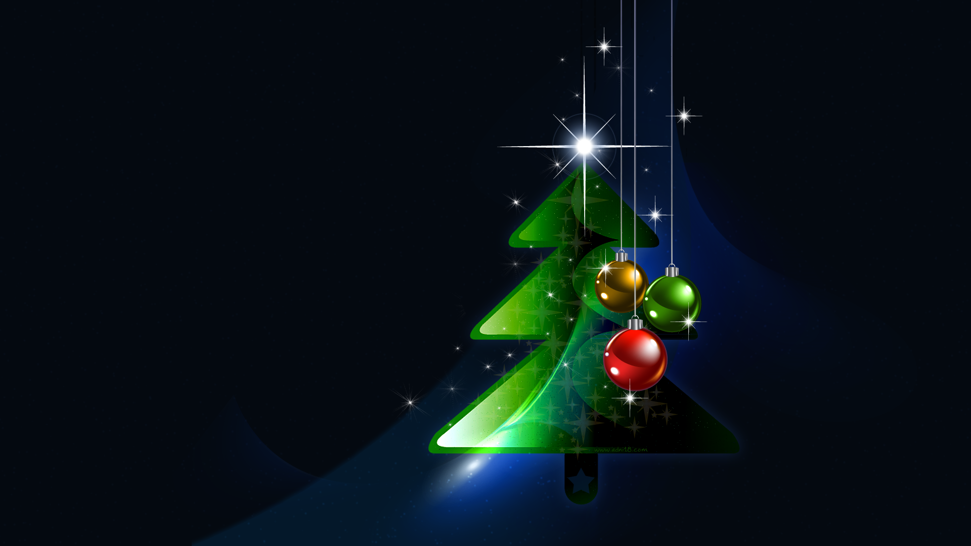 Stylized Christmas tree with colorful ornaments on a dark blue background
