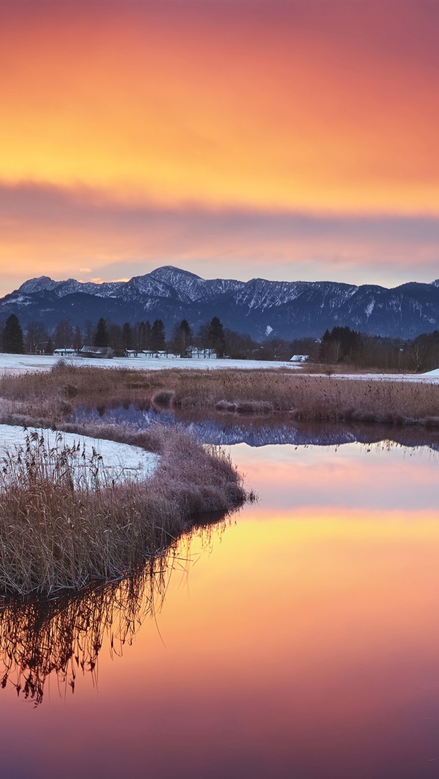 Warm Winter Sunset Landscape Snow Lake iPhone 5s 5c Wallpaper