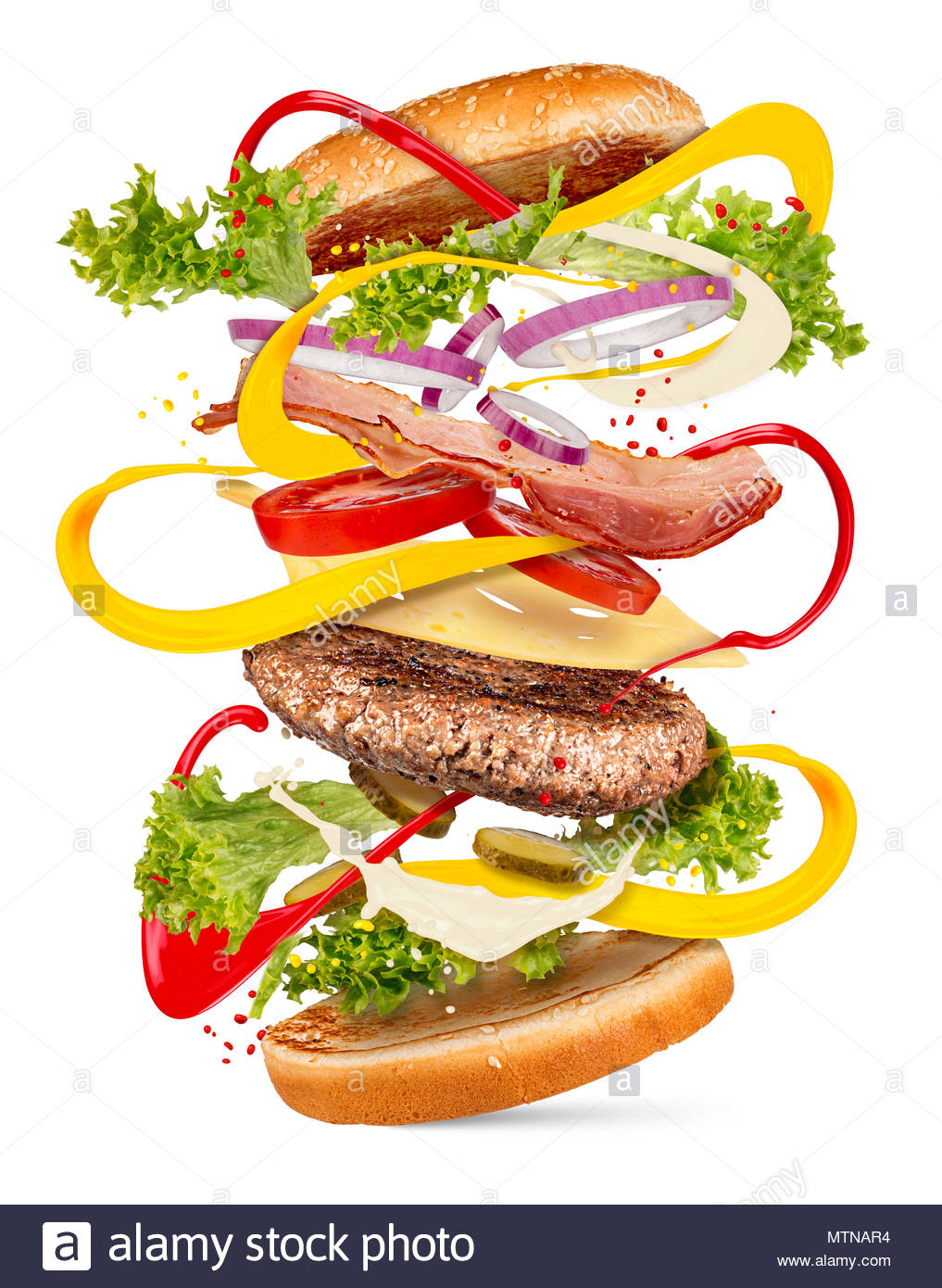 Hamburger Cheeseburger Explosion Creative Cooking Concept Flying