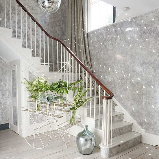 Create Drama On A Staircase With Metallic Wallpaper Disco Ball